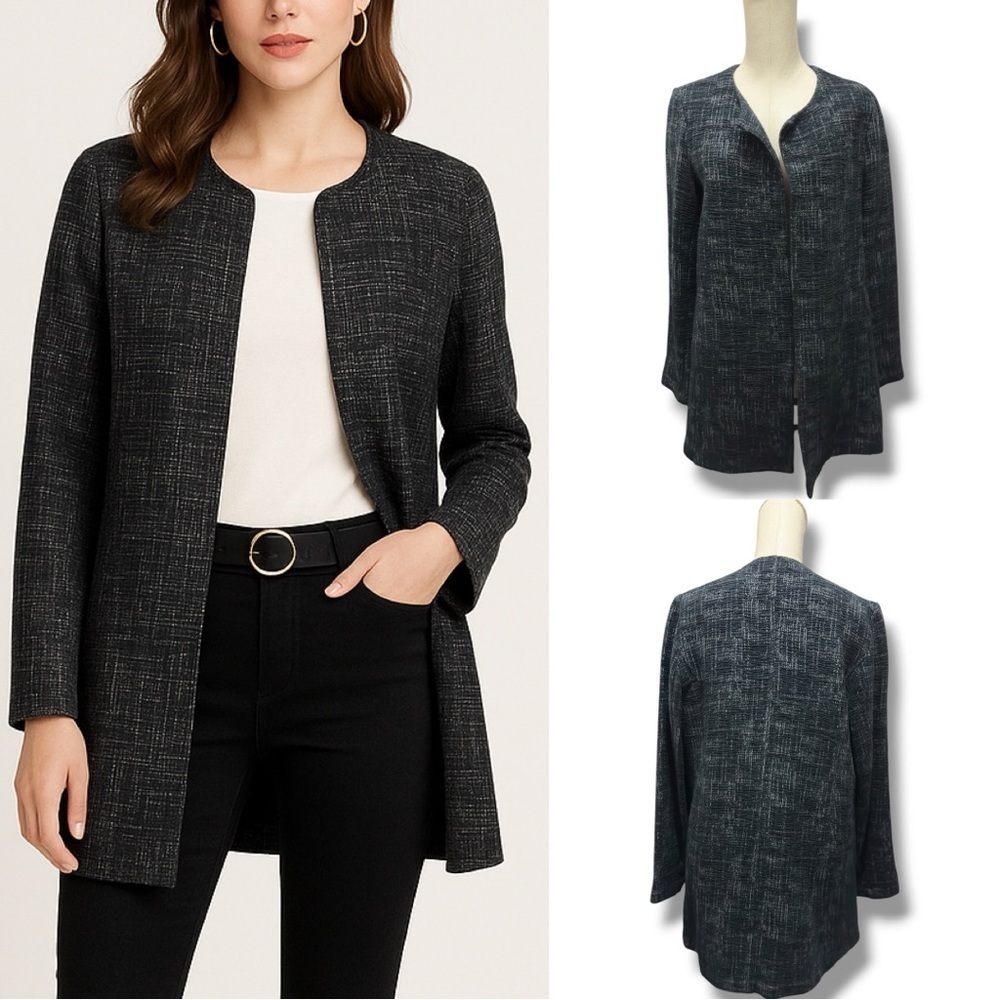 345 Eileen Fisher | NWOT $228 USA Textured Open Front Jacket Black Gray (Size M)